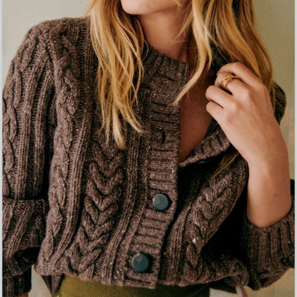 🍂🎃RARE Sezane ANDINA CARDIGAN Chunky Cable Knit Brown Sweater